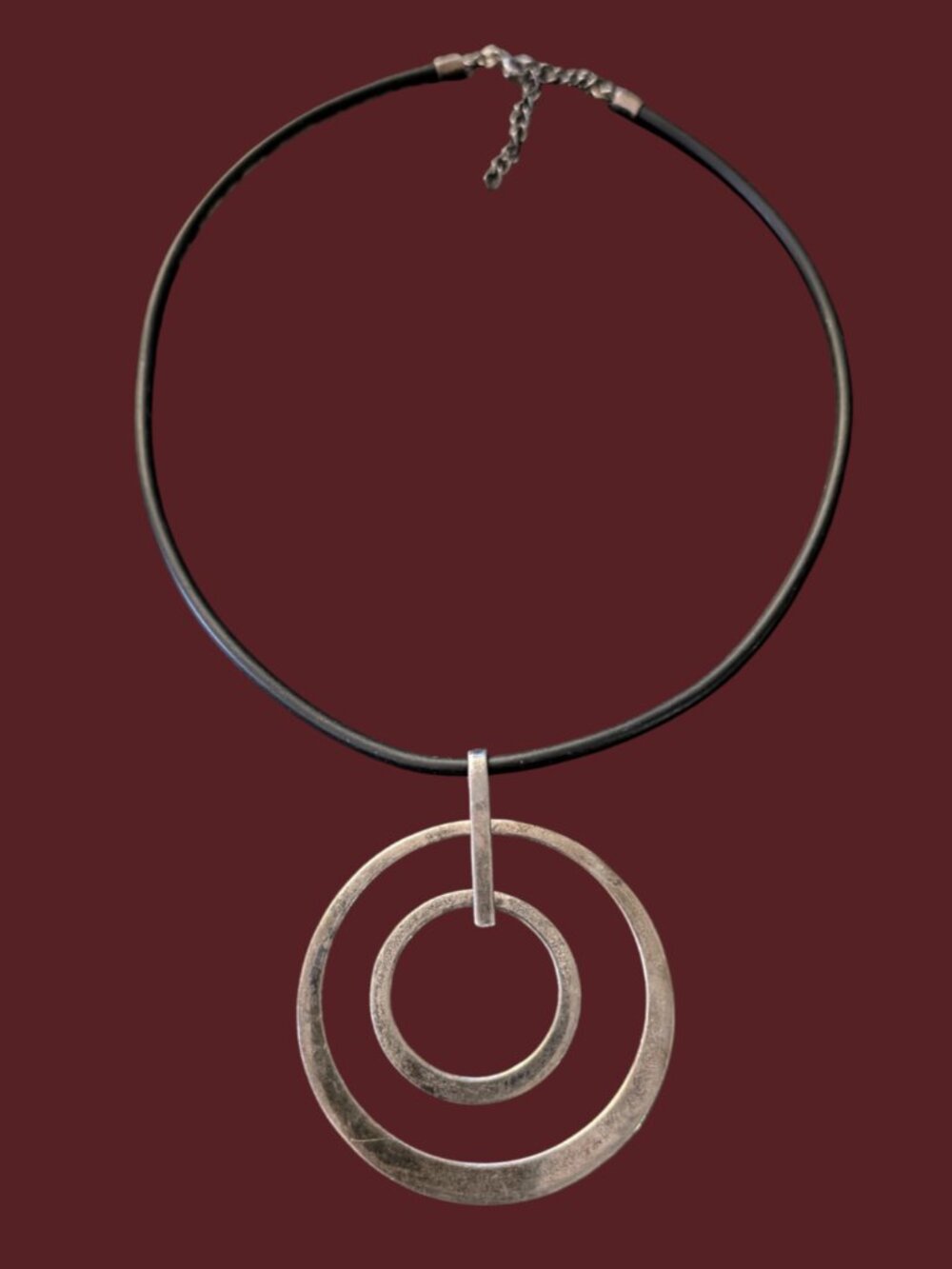 925 Sterling Large Geometric 2.58" Double Circle Pendant Rubber Cord Necklace